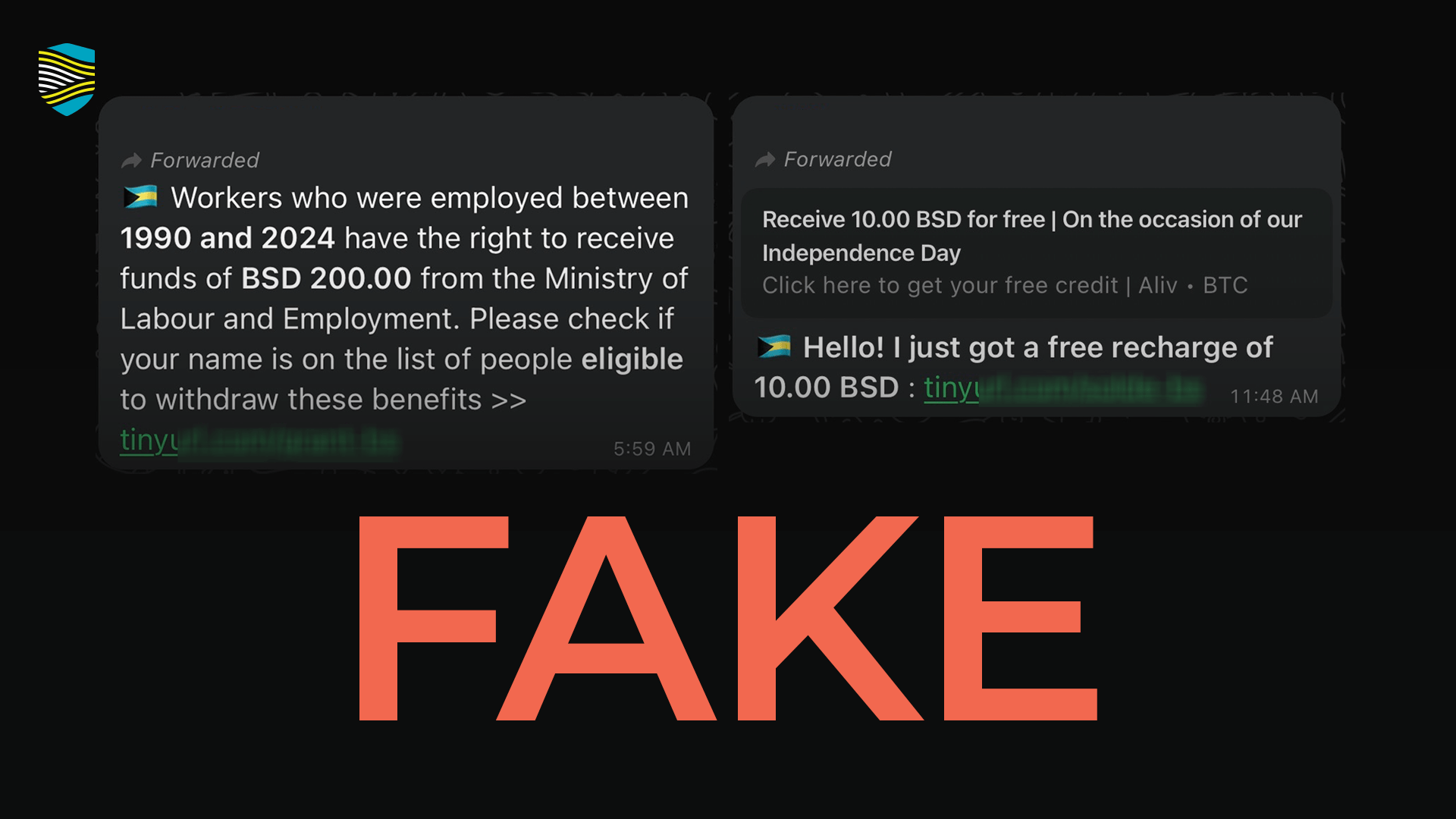 Reported screenshots of "free money" scam WhatsApp messages from malicious actors containing spoofed URLs and strange hyperlinks